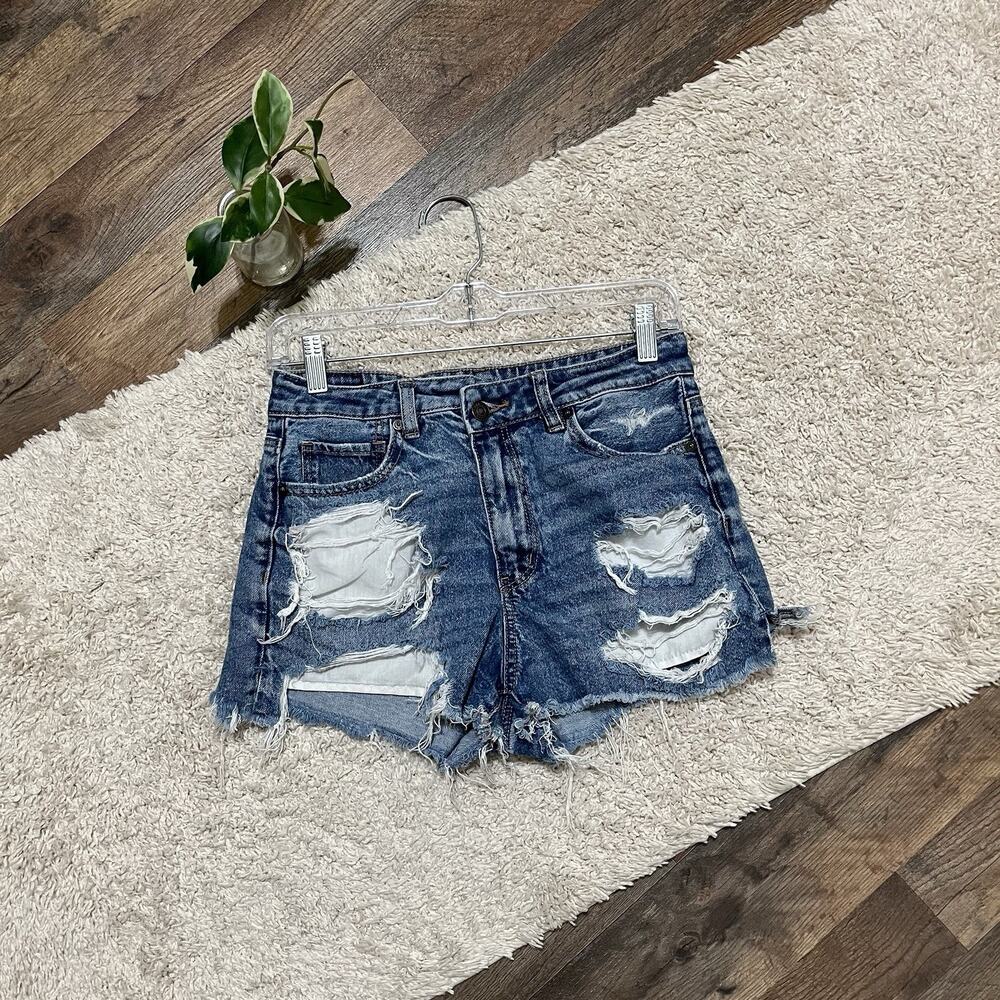 American Eagle Size 4 Distressed High-Rise Strigid Cotton Mom Shorts